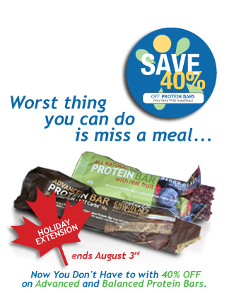Worst thing you can do is miss a meal. Now you don't have to with 40% off on Advanced and Balanced Protein Bars.